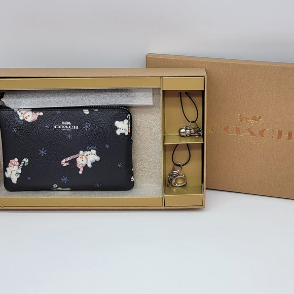 Coach Boxed Corner Zip Wristlet with Snowman Print C7401 Midnight Multi - Picture 1 of 6